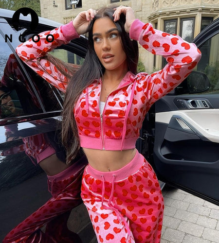 2pc Set Love Printed Hooded Cardigan